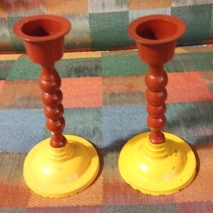 Vintage Candle Holders Red Yellow Pair